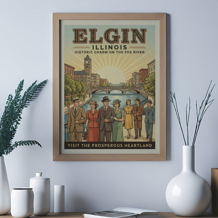 Vintage poster of people in 1940s attire by a river in Elgin, Illinois.