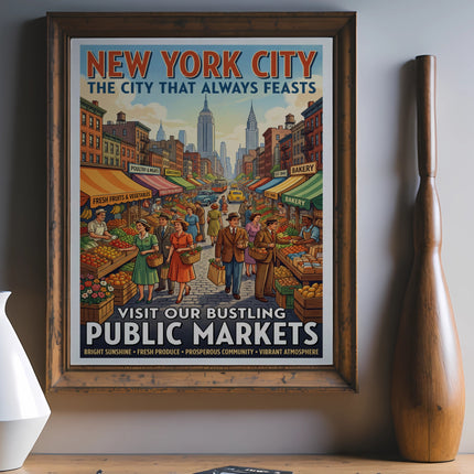New York City: The City That Always Feasts, poster of bustling public markets.