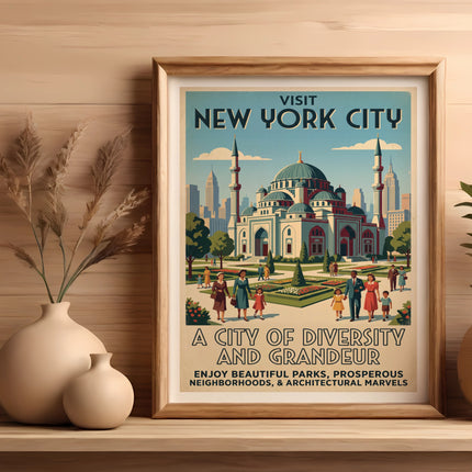Vintage New York City travel poster with mosque and text.