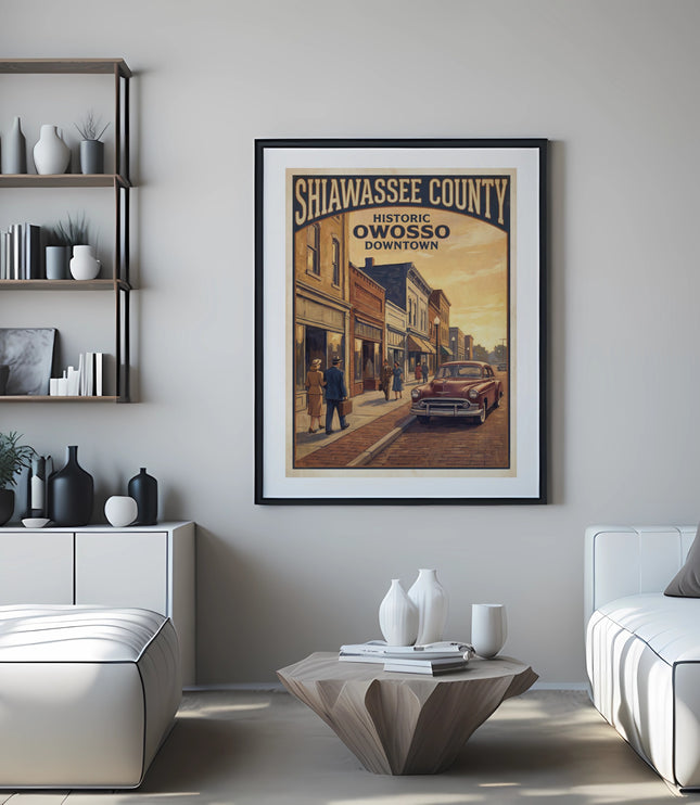 Framed poster of Shiawassee County Historic Owosso Downtown with vintage car on street.