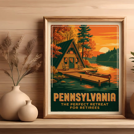 Vintage Pennsylvania travel poster featuring a lakeside cabin at sunset.