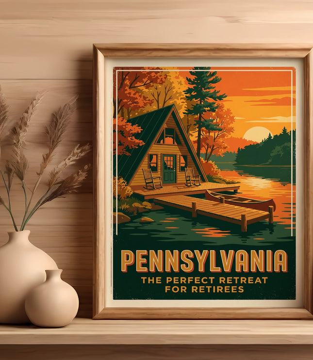 Vintage Pennsylvania travel poster featuring a lakeside cabin at sunset.