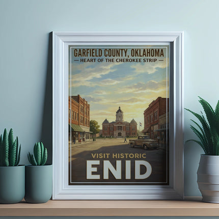 Poster with vintage scene of Garfield County, Oklahoma, saying Visit Historic Enid.