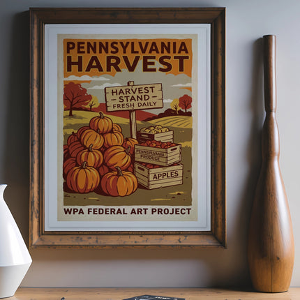 Pennsylvania Harvest poster with pumpkins, apples, and WPA Federal Art Project text.