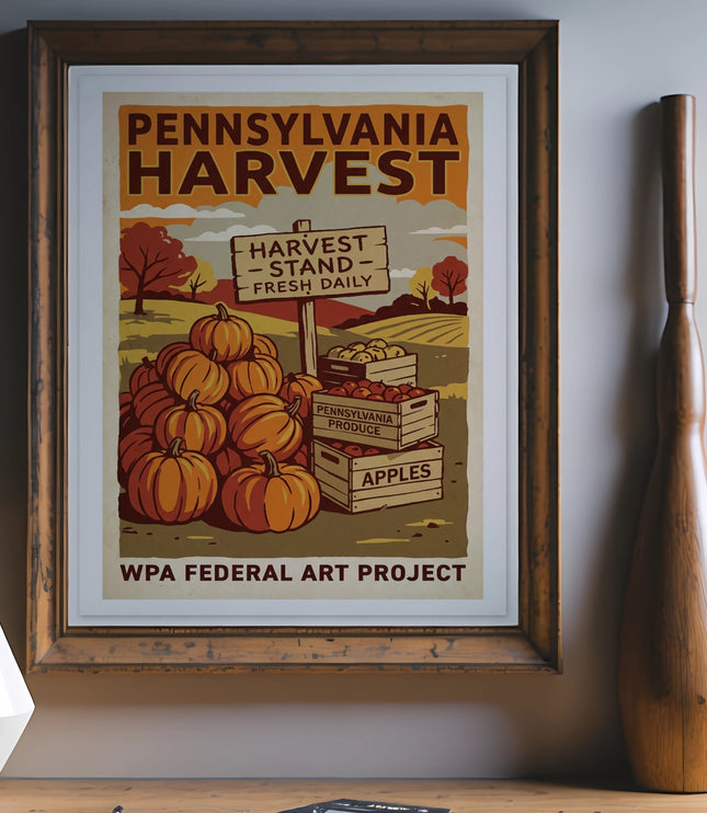 Pennsylvania Harvest poster with pumpkins, apples, and WPA Federal Art Project text.