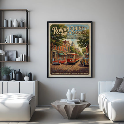 Poster of North Carolina's Charming Brick Streets with a trolley and cars.