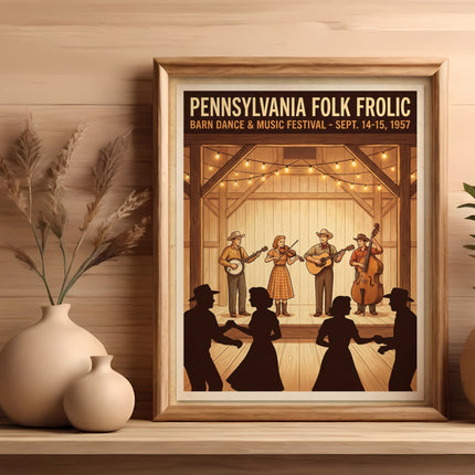 Pennsylvania Folk Froli Barn Dance & Music Festival poster featuring musicians.