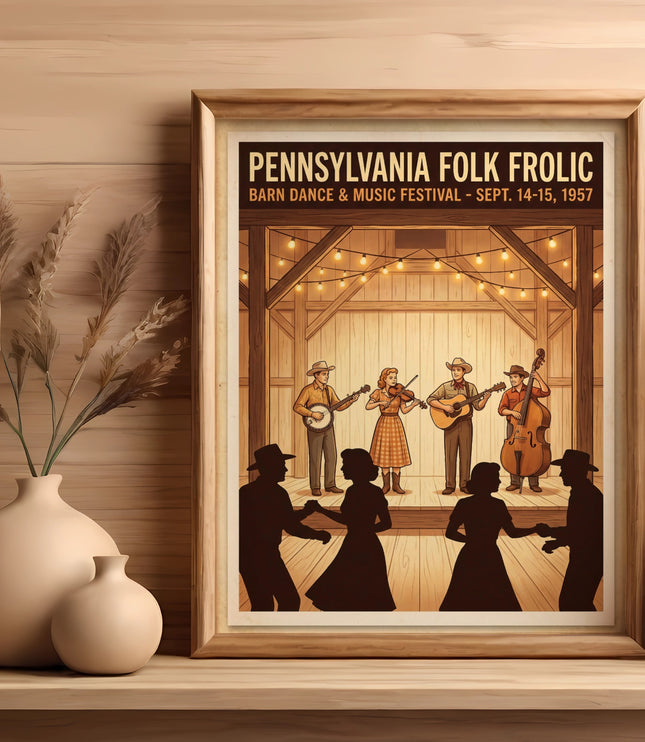 Pennsylvania Folk Froli Barn Dance & Music Festival poster featuring musicians.