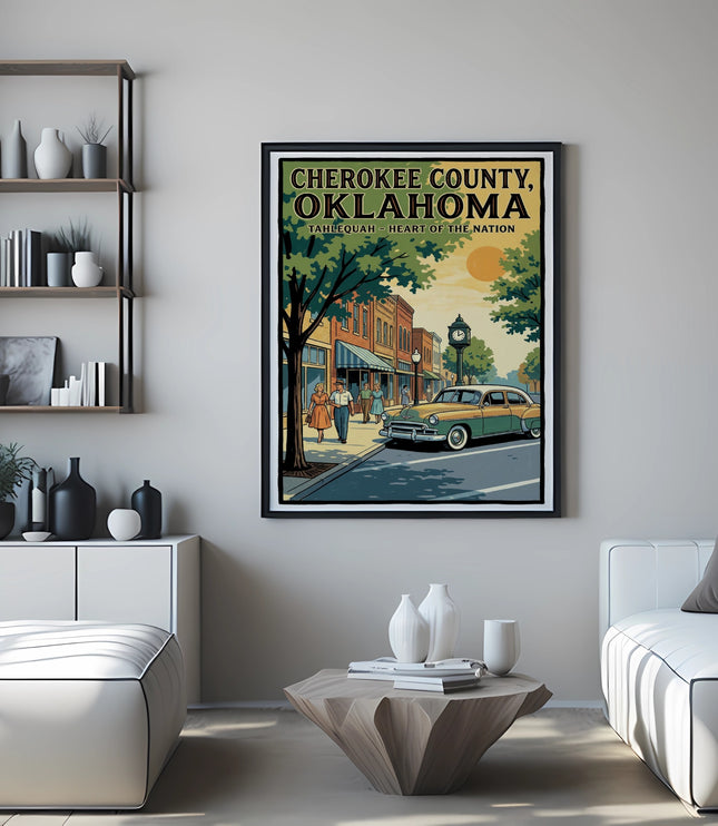 Cherokee County, Oklahoma poster with town scene featuring vintage car.