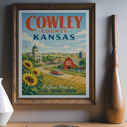 Cowley County Kansas travel poster with sunflowers, barn, and red car.