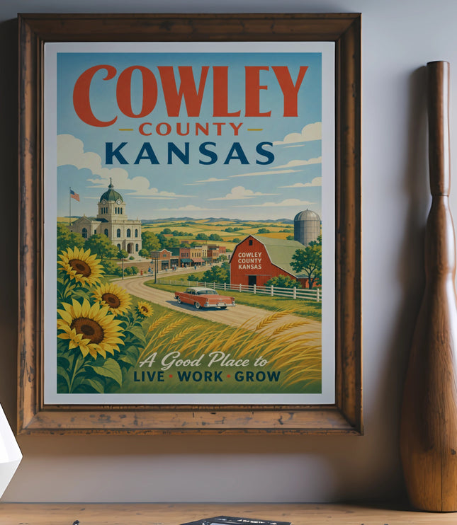 Cowley County Kansas travel poster with sunflowers, barn, and red car.