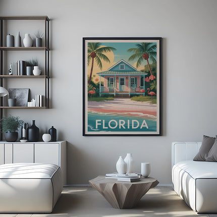 Vintage Florida beach house poster with flamingos and palm trees.