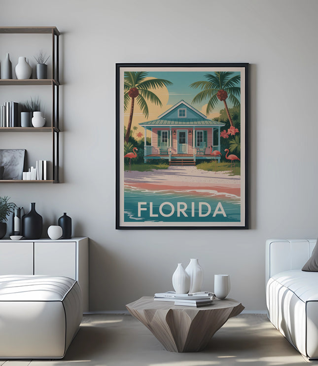 Vintage Florida beach house poster with flamingos and palm trees.
