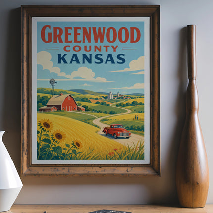 Greenwood County, Kansas vintage travel poster with farm scene and sunflowers.