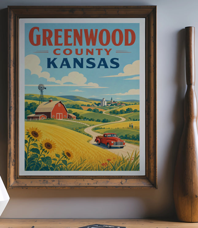 Greenwood County, Kansas vintage travel poster with farm scene and sunflowers.
