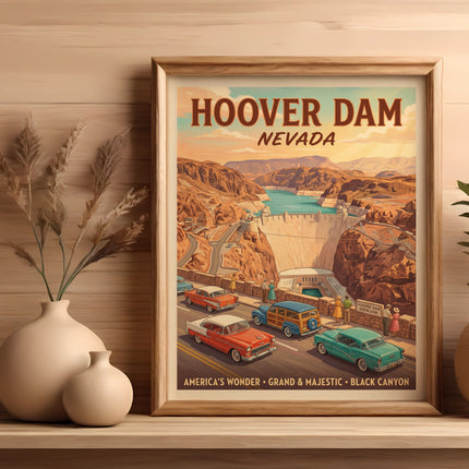 Hoover Dam Nevada poster with vintage cars and desert landscape.