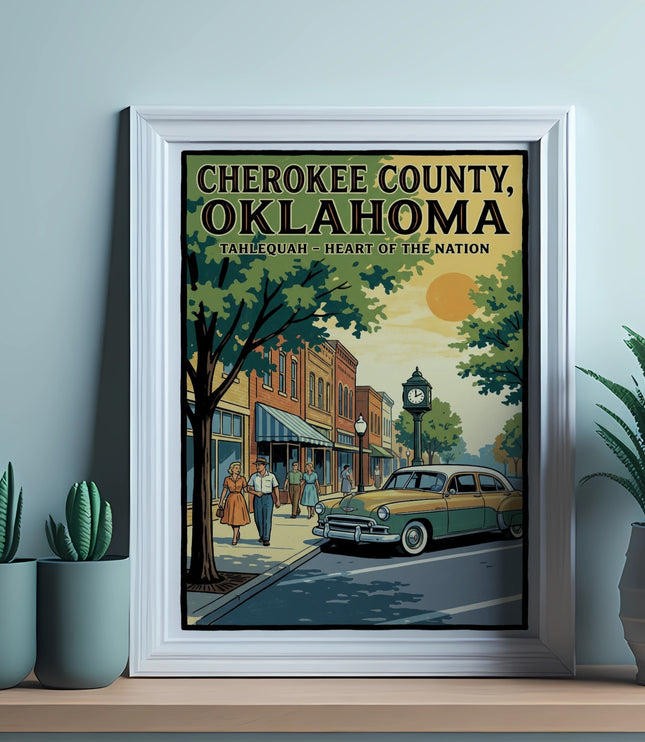 Cherokee County, Oklahoma poster with vintage car and buildings in Tahlequah.