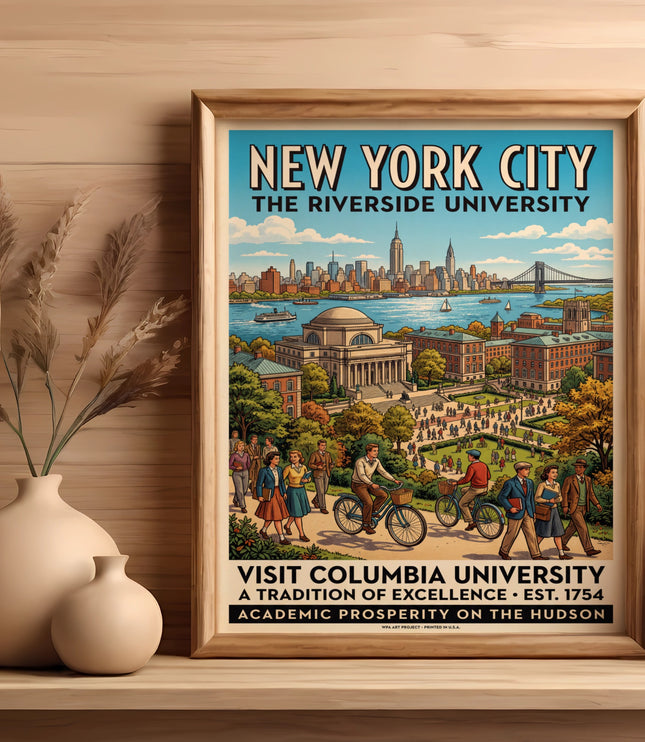 New York City travel poster shows Columbia University, buildings, and NYC skyline.