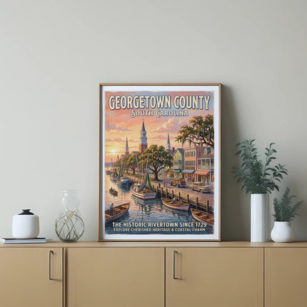 Georgetown County, South Carolina vintage travel poster with boats and historic buildings.