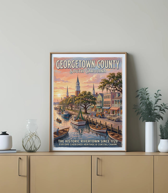 Georgetown County, South Carolina vintage travel poster with boats and historic buildings.