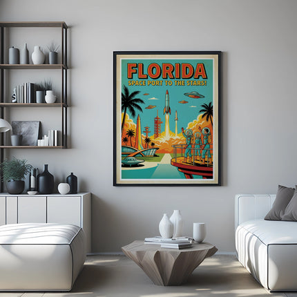 Retro Florida Space Port to the Stars poster with rockets and palm trees.