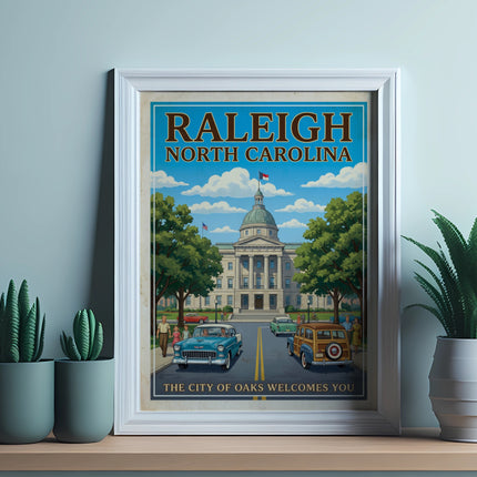 Raleigh North Carolina vintage travel poster featuring state capitol building.