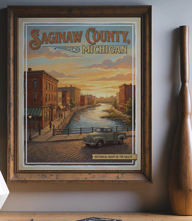 Saginaw County, Michigan art print with historical scene and text "Historical Heart of the Valley".