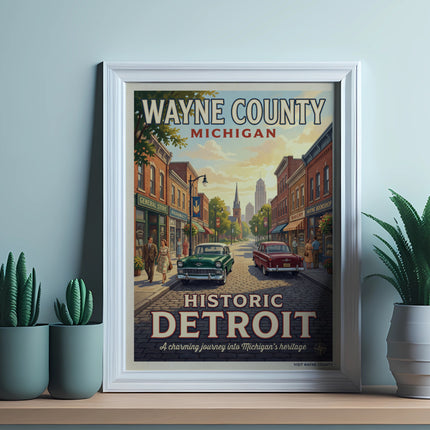 Vintage poster of Wayne County, Michigan, featuring historic Detroit with classic cars.