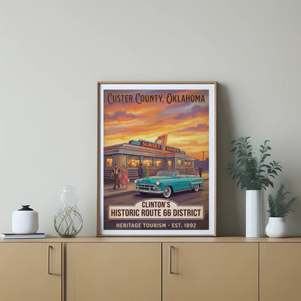 Custer County, Oklahoma Historic Route 66 District poster featuring a diner and classic car.