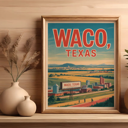 Framed print of Waco, Texas cityscape with buildings and fields.
