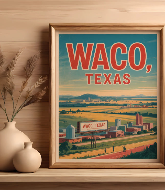 Framed print of Waco, Texas cityscape with buildings and fields.