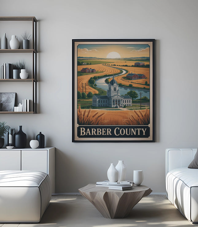 Framed print of Barber County courthouse with fields and sun.