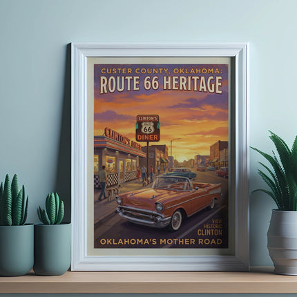 Route 66 Heritage poster featuring Clinton's Diner, classic cars, and sunset.