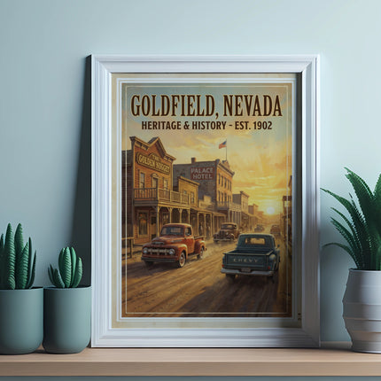 Goldfield, Nevada heritage and history EST. 1902 vintage street art with trucks.