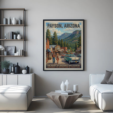 Payson, Arizona vintage travel poster with a roadside scene and mountains.