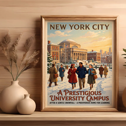 Vintage New York City university campus poster with gentle snowfall and text.