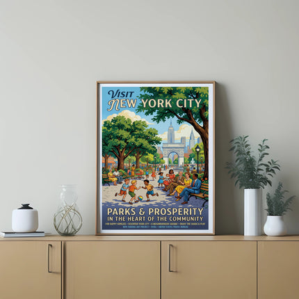 Vintage "Visit New York City Parks & Prosperity" poster with community scene.