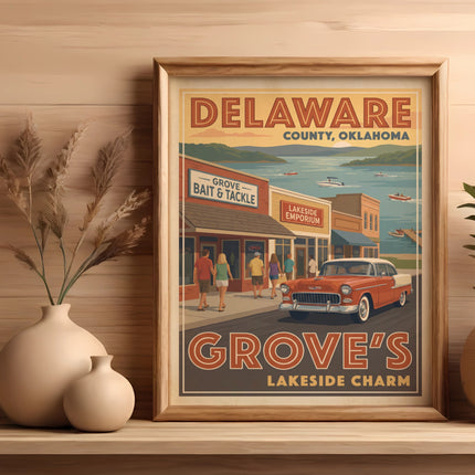 Delaware County, Oklahoma poster with vintage car and Lakeside Charm text.