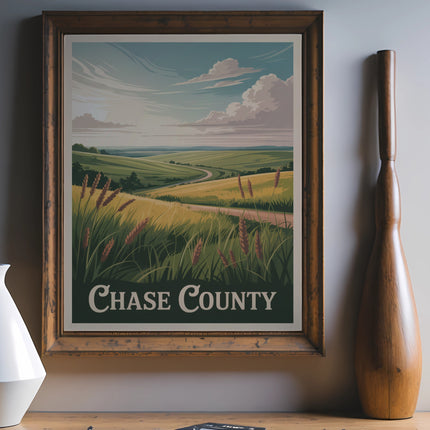 Chase County vintage travel poster with rolling hills and text.