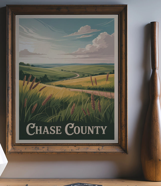 Chase County vintage travel poster with rolling hills and text.