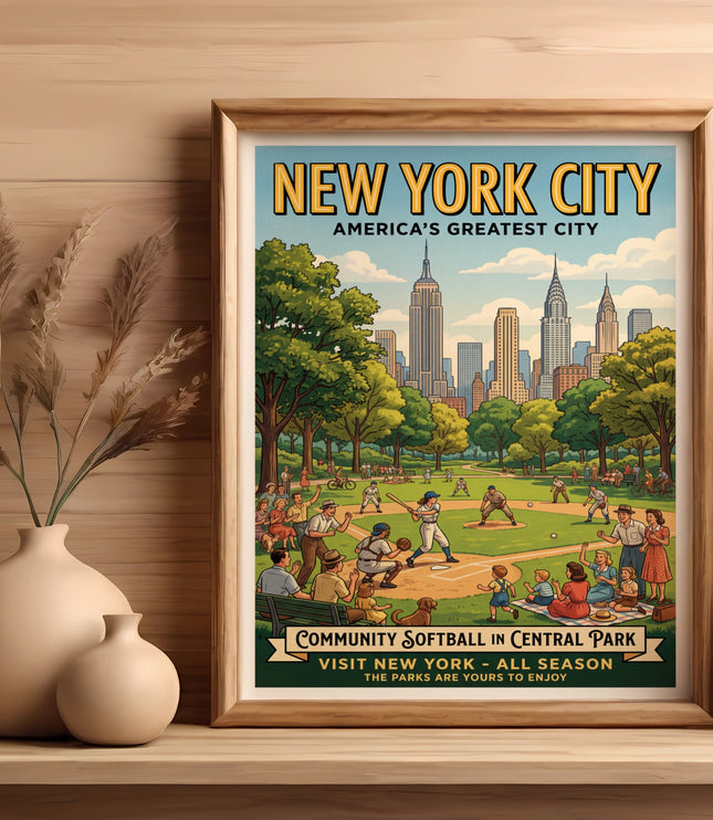 Vintage New York City poster depicting Central Park softball game with skyline.