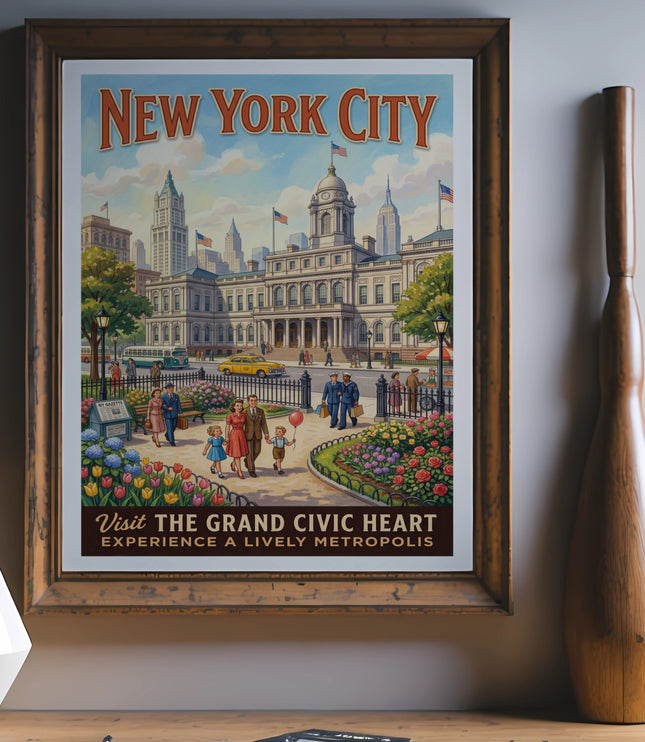 Vintage New York City poster with civic buildings, people, and text "Visit The Grand Civic Heart".