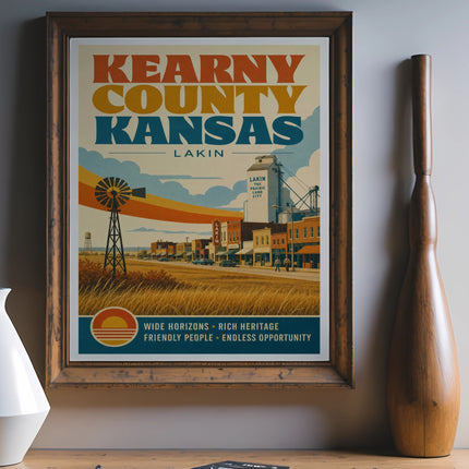 Kearny County Kansas travel poster with Lakin town illustration and text.