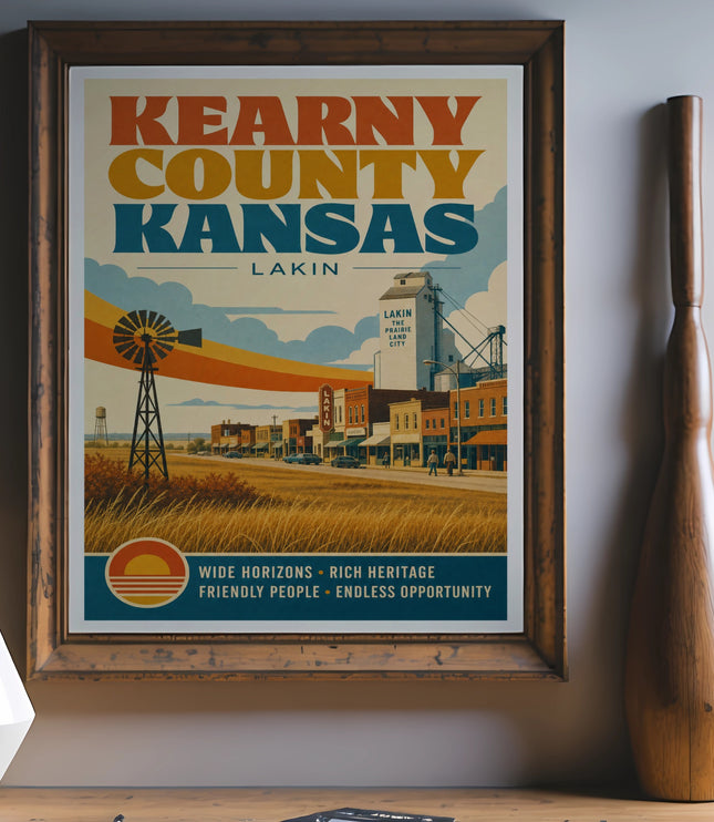 Kearny County Kansas travel poster with Lakin town illustration and text.