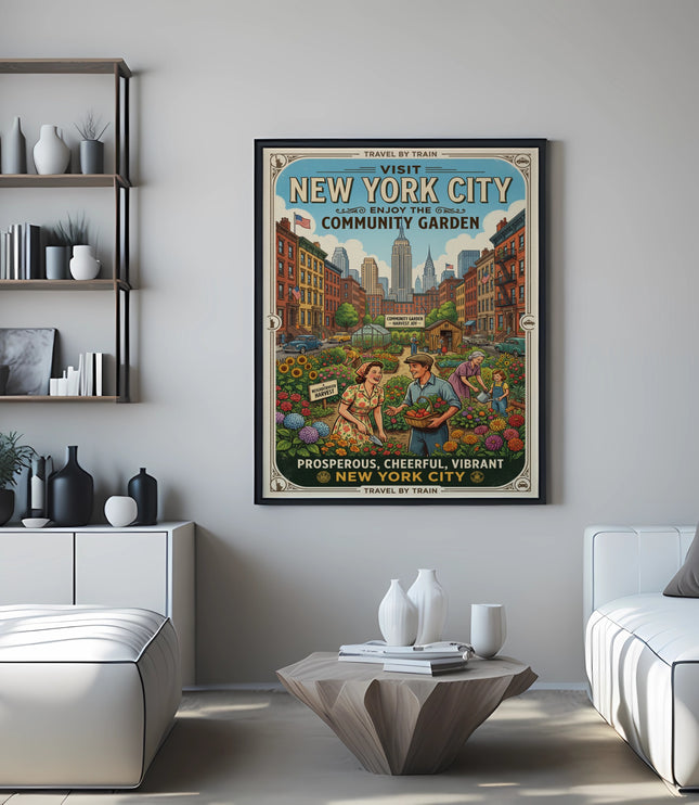 Vintage poster of a New York City community garden, people gardening, with cityscape.