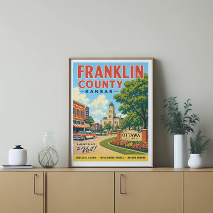 Franklin County, Kansas travel poster with Ottawa town square illustration.