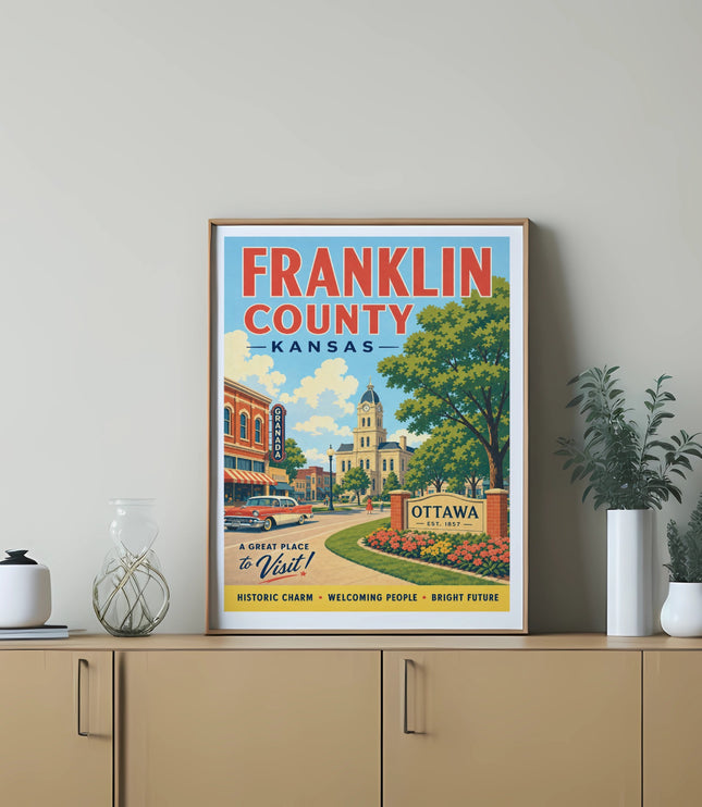 Franklin County, Kansas travel poster with Ottawa town square illustration.