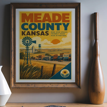 Meade County Kansas travel poster with windmill, buildings, and fields.