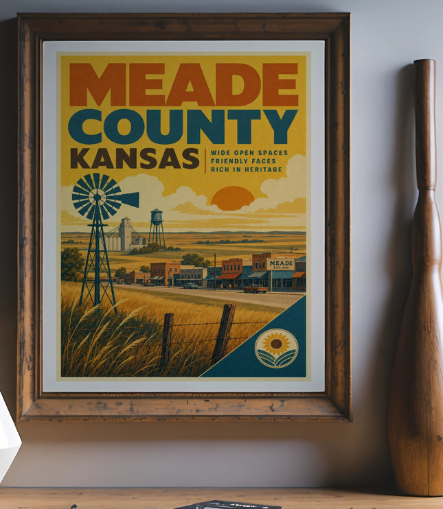 Meade County Kansas travel poster with windmill, buildings, and fields.