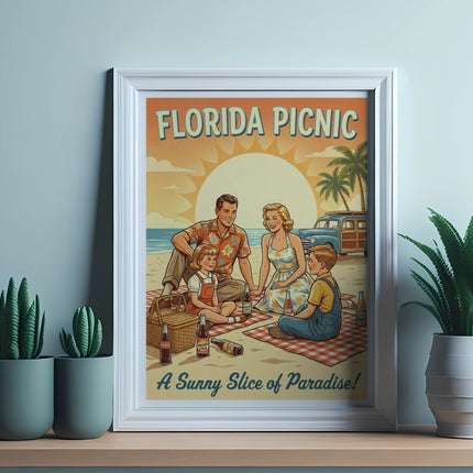 Framed "Florida Picnic" art with a family enjoying a sunny beach day.